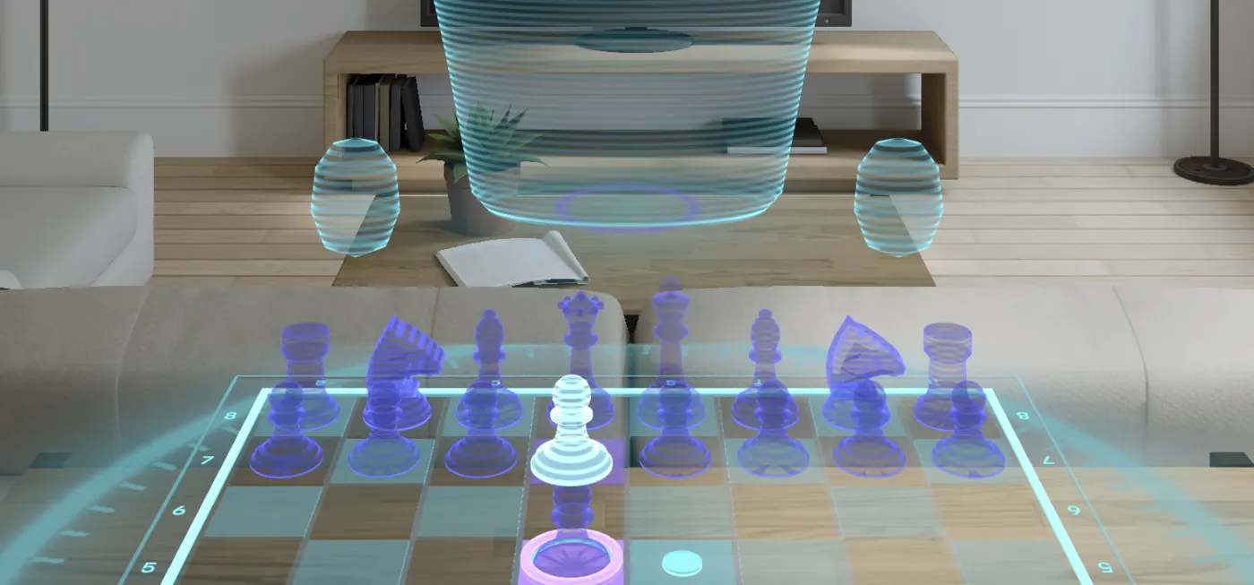Close up of the hologram board: a white pawn lifted over a black pawn, with the target square ringed in violet
