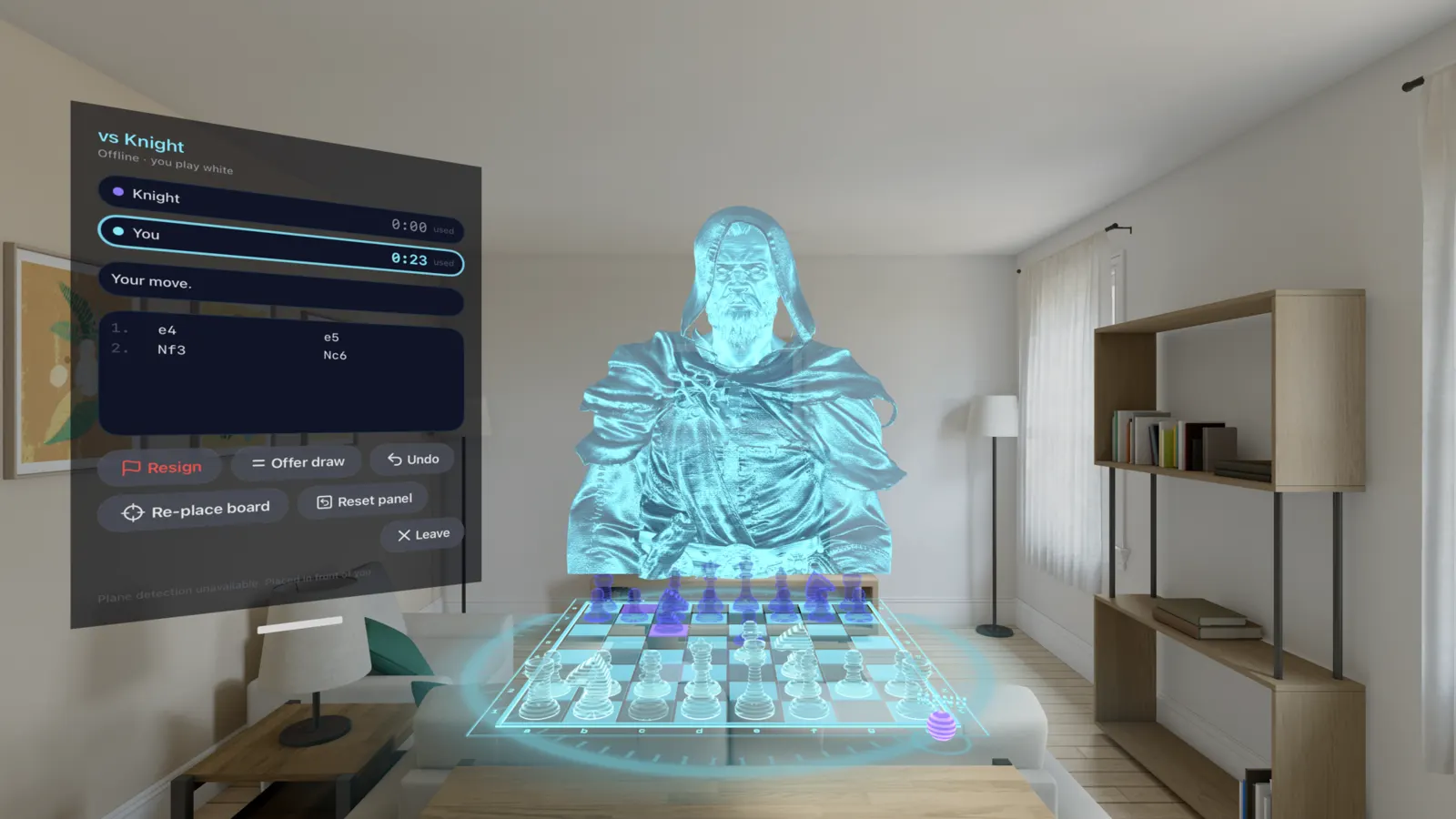 A translucent cyan wizard seated behind a glowing hologram chessboard on a living-room table, with the game panel floating beside him
