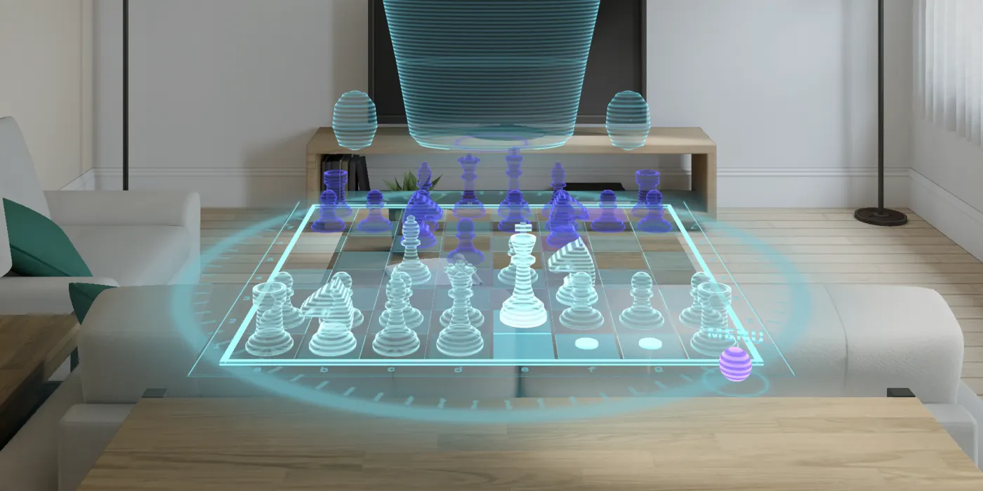 The white king picked up from the hologram board, with the two castling squares lit