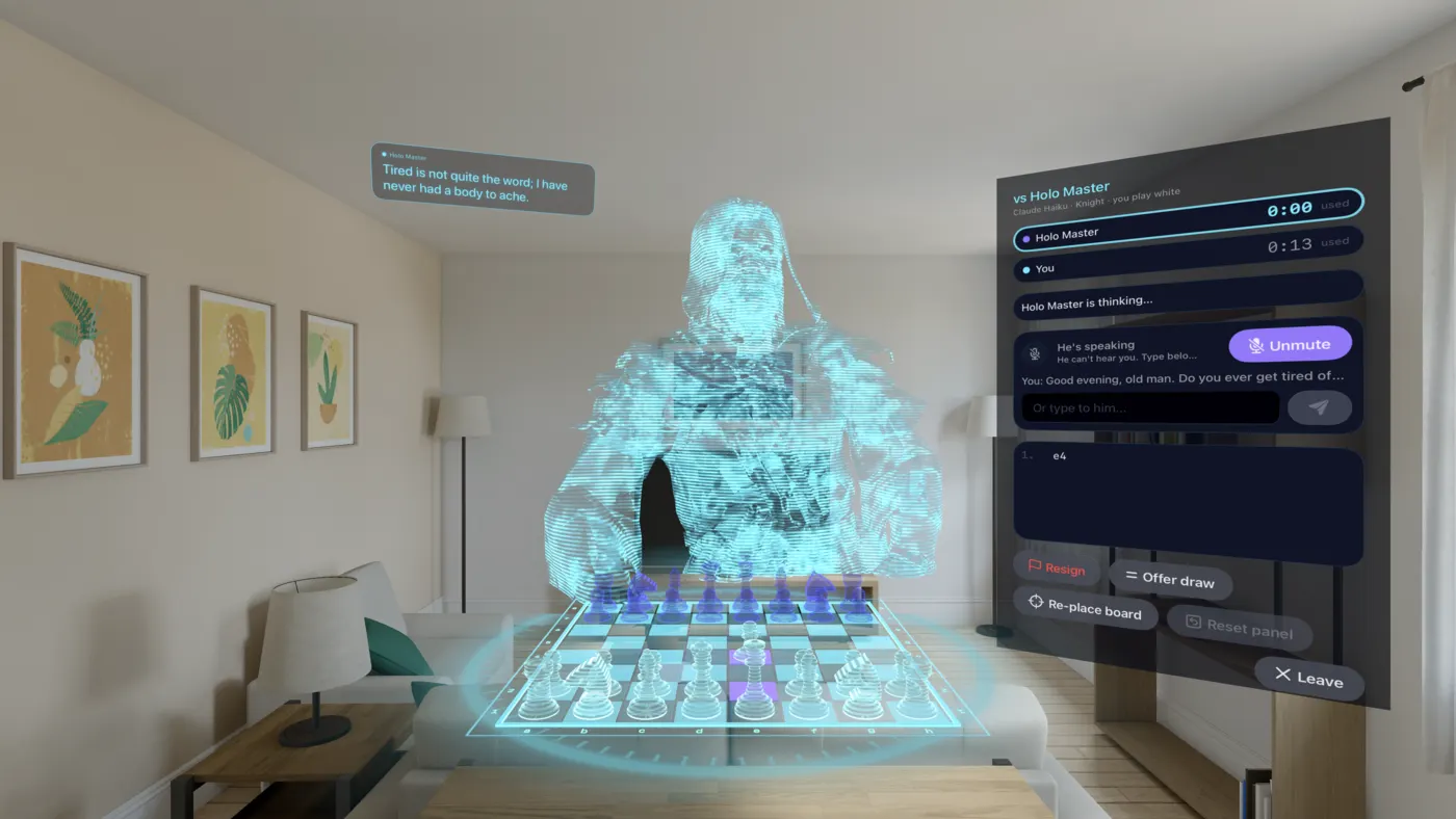 The wizard seated behind the board with a speech caption floating beside him and the conversation shown on the game panel