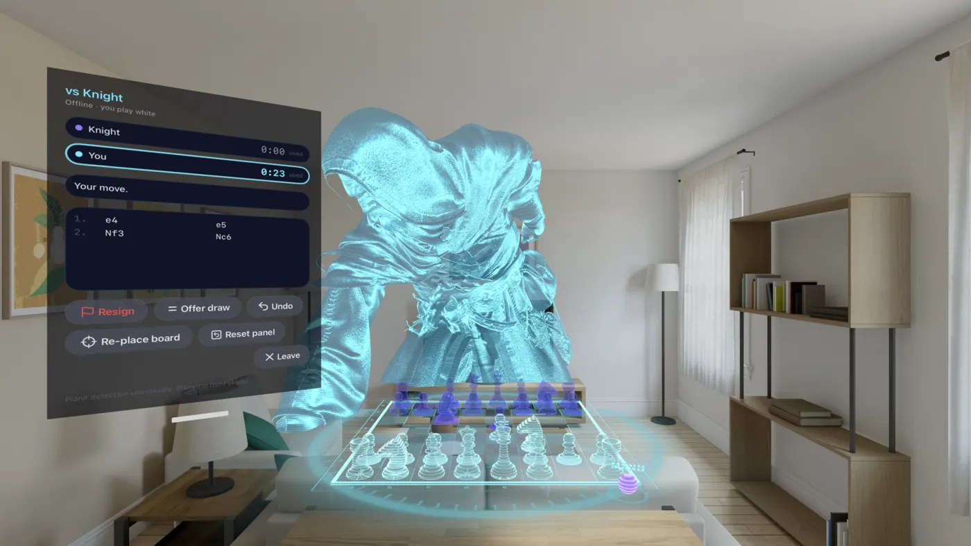 The hologram wizard leaning over the board and reaching out to move one of his own pieces
