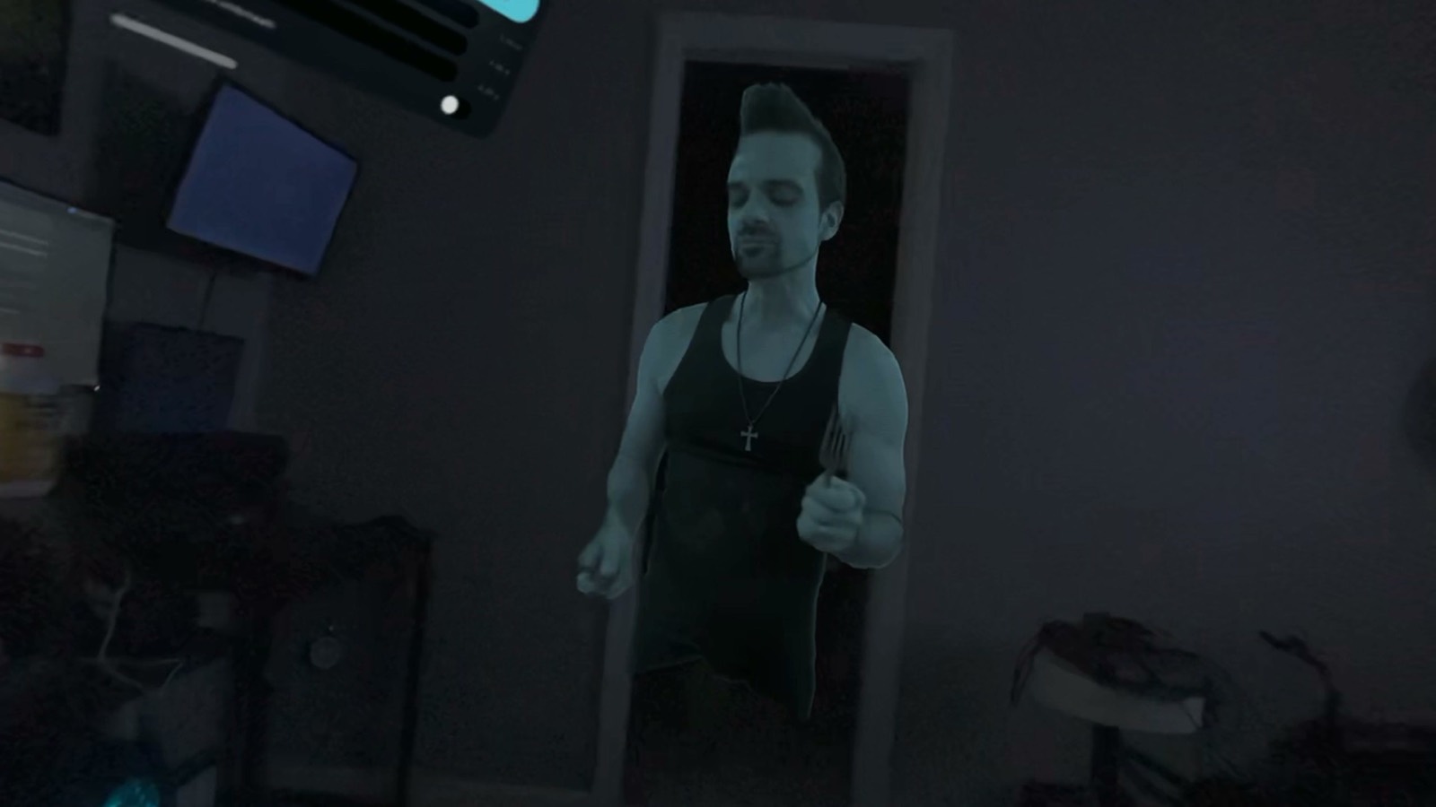 A translucent hologram of a man standing in a doorway, seen through the headset