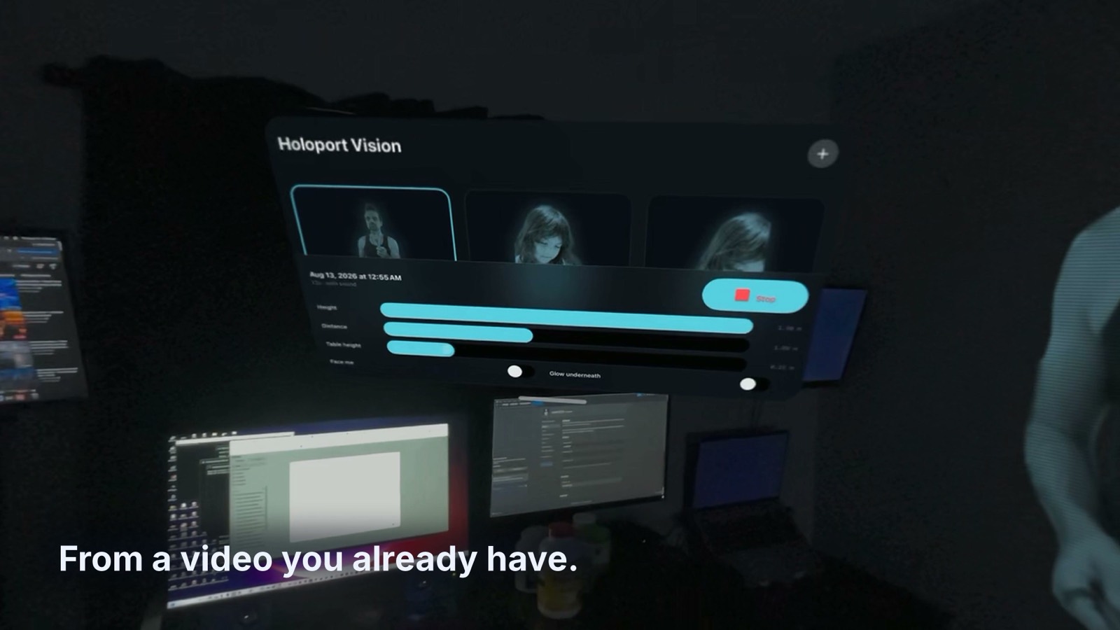 The Holoport Vision panel showing a library of clips and controls for height and distance
